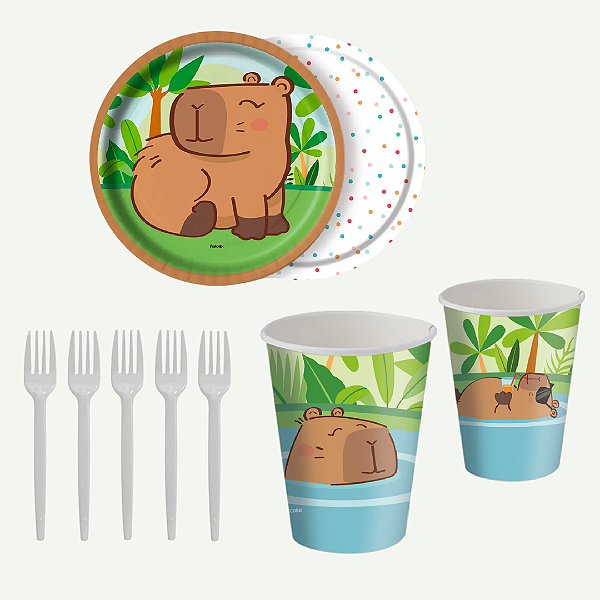 Kit Festa Capivara - 08 Copos, 08 Pratos + Brinde