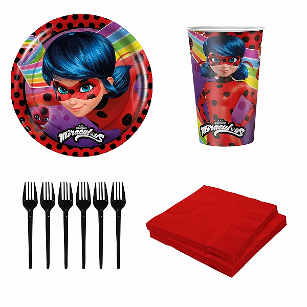 Kit Festa Ladybug - Copo, Prato, Guardanapo e Garfo