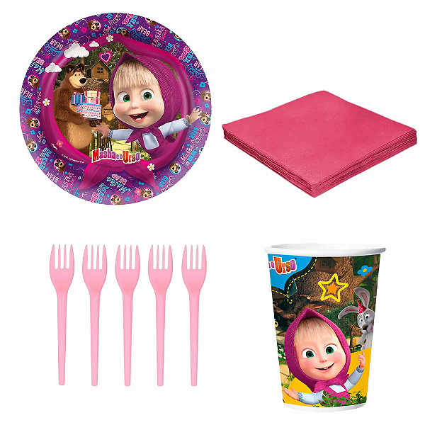 Kit Festa Masha e o Urso - Copo, Prato, Guardanapo e Garfo