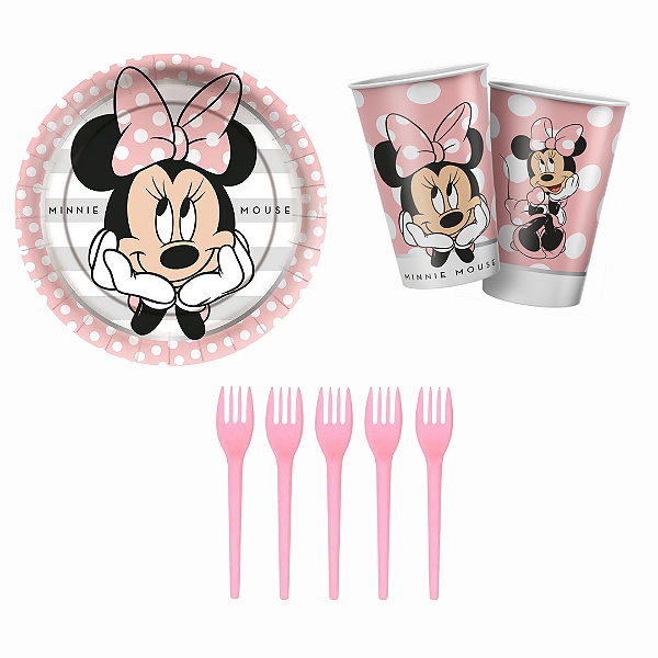 Kit Festa Minnie Rosa- 08 Copos, 08 Pratos + Brinde