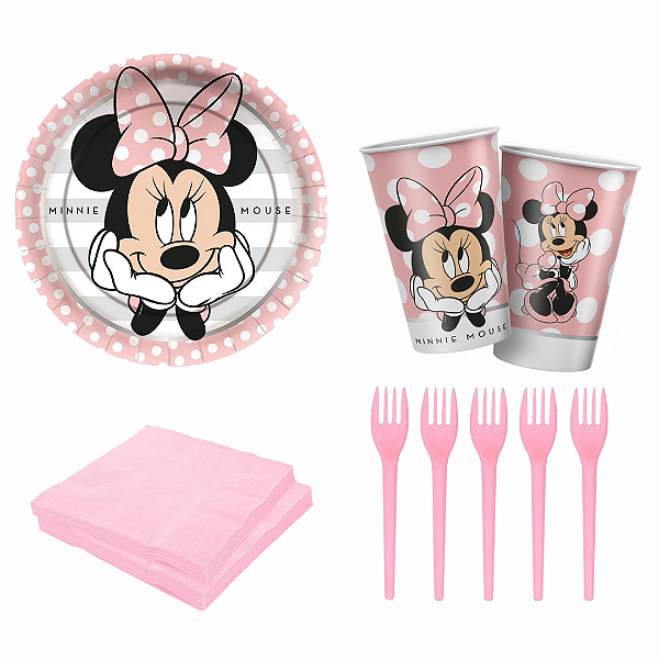 Kit Festa Minnie Rosa- Copos, Pratos, Guardanapos e Garfo