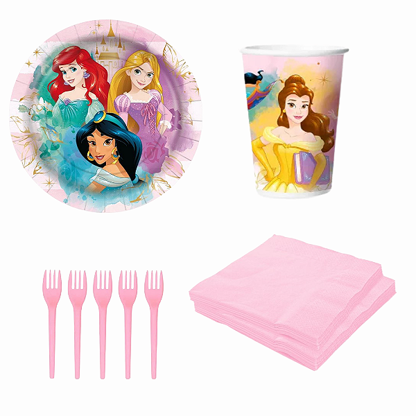 Kit Festa Princesas - Copos, Pratos, Guardanapos e Garfos