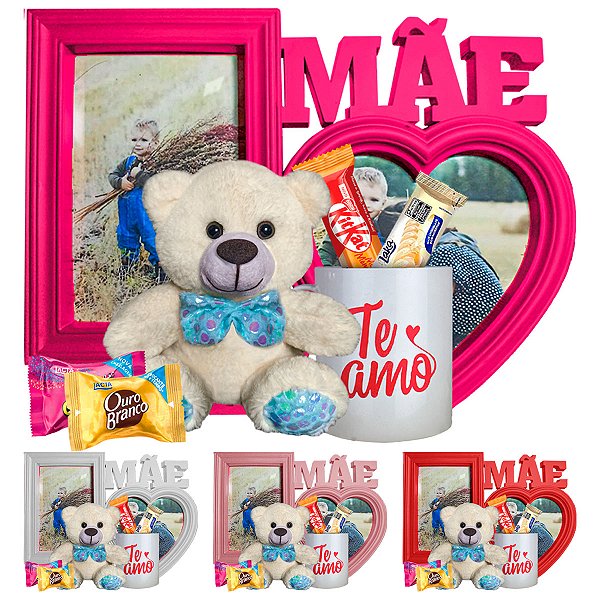 Kit dia das mães com caneca te amo + urso + quadro vermelho