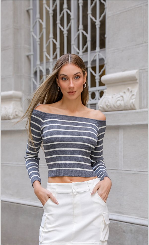 Blusa Malha Tricot Cinza