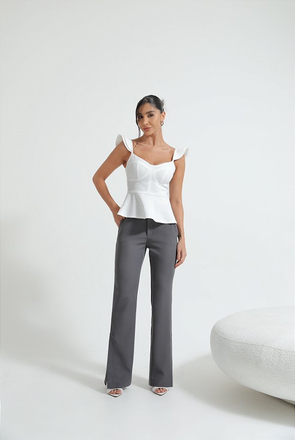 Calça Alfaiataria Fenda Lateral Cinza