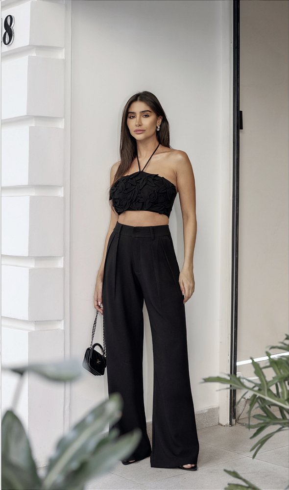 Conjunto Calça e Cropped Flor 3D Preto