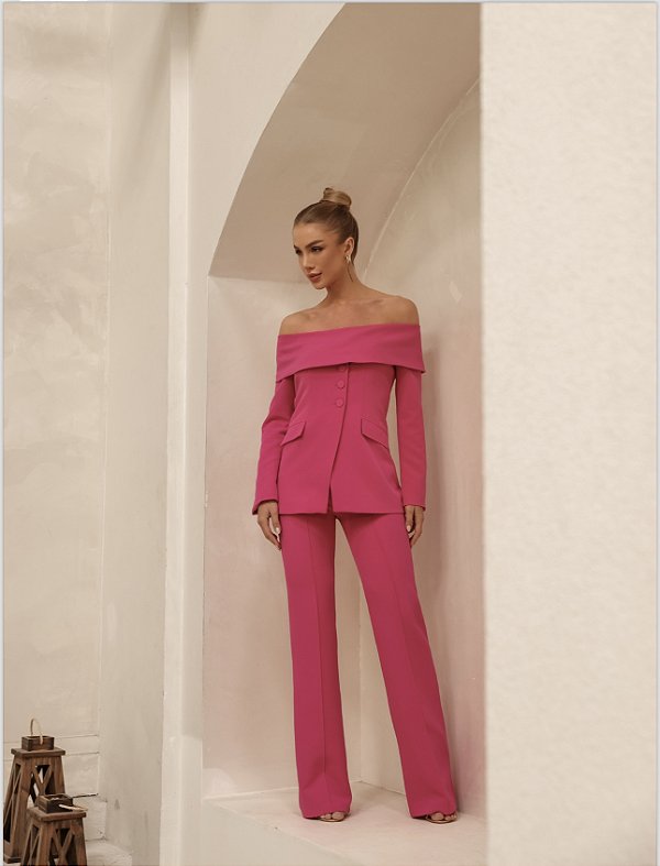 Conjunto Alfaiataria Calça + Blazer Ombro a Ombro Pink Tamanho:P