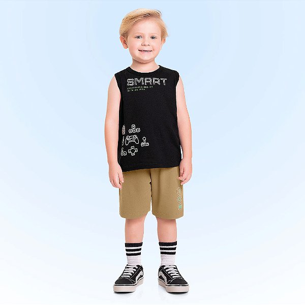 Conjunto Infantil masculino Regata Preta e Bermuda Bege - Estampa Gamer