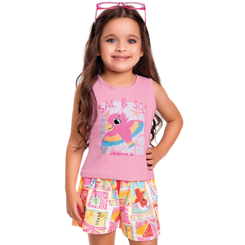 Conjunto Infantil Feminino 100% Algodão - Arara Rosa