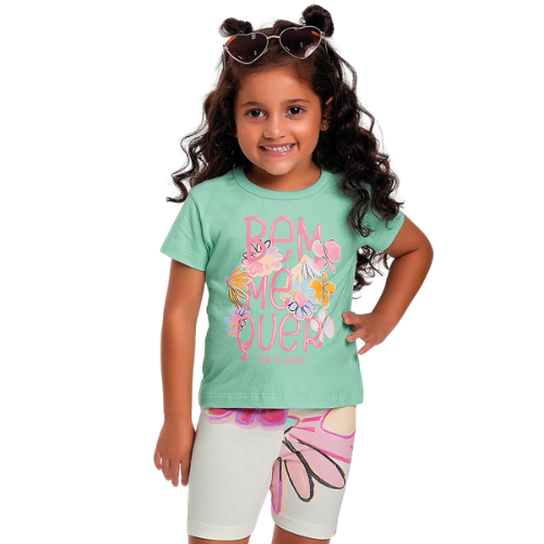 Conjunto Infantil Feminino Blusa e Bermuda Ciclista - Estampa Bem me Quer