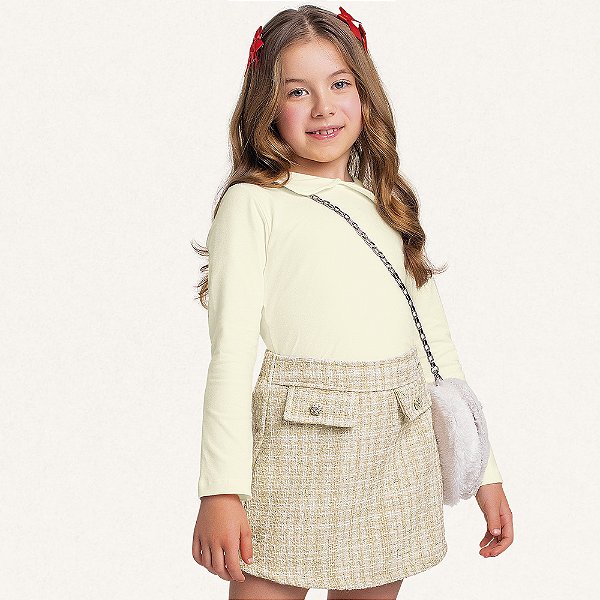 Conjunto Blusa M/L em Malha e Short Saia em Tweed - FAKINI