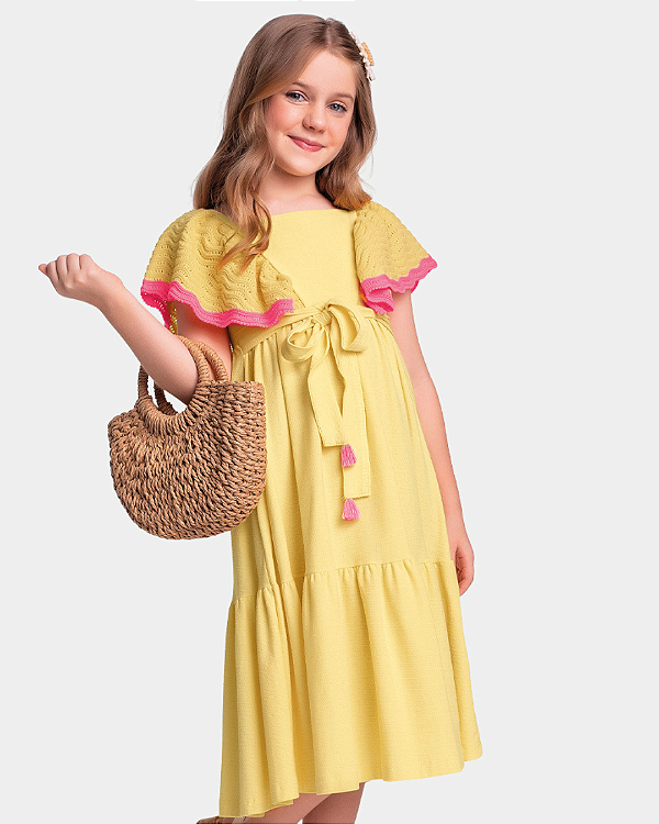 Vestido Infantil Fakini Amarelo com Babado e Detalhe em Tricô