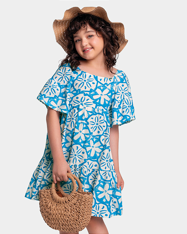 Vestido Infantil Feminino Azul com Estampa Floral e Mangas com Babado