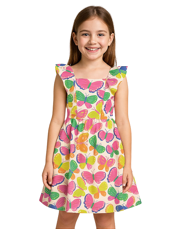 Vestido Infantil Fakini Bege com Estampa de Borboletas Coloridas