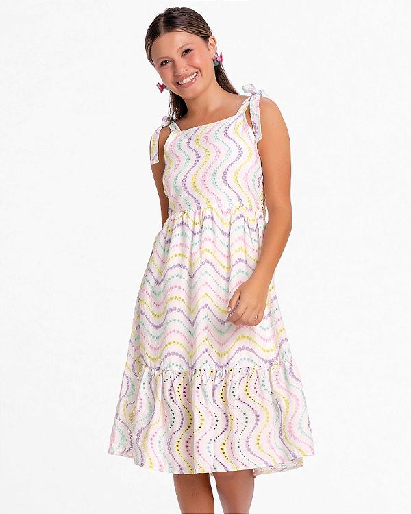 Vestido Juvenil Feminino Fakini em Laise Lilás com Alça de Amarração