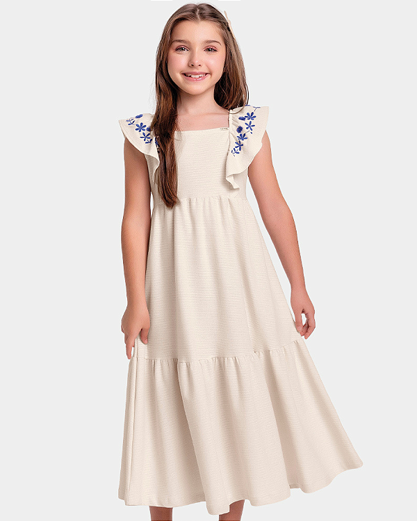 Vestido Juvenil Feminino Fakini com Babado e Bordado Floral Tamanho 12-14-16