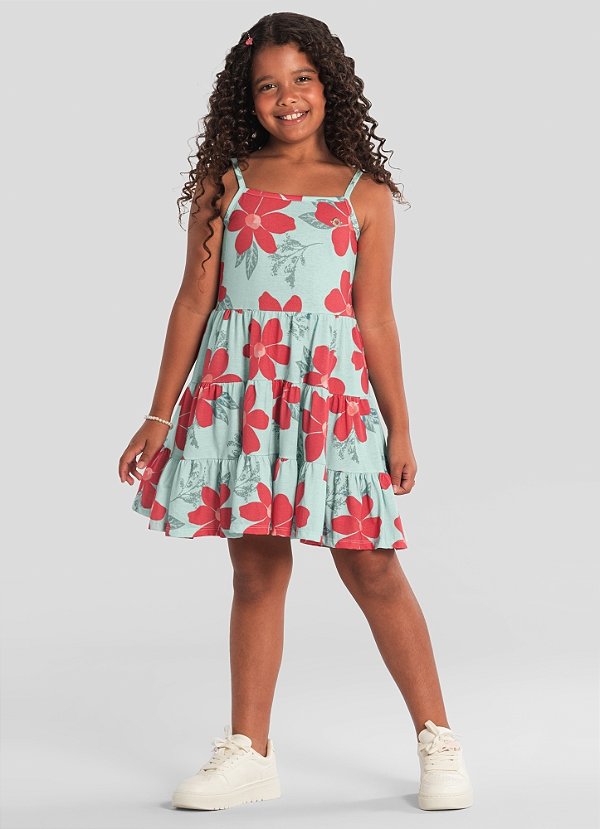 Vestido Infantil Menina Floral Turquesa / Rosa Brandili