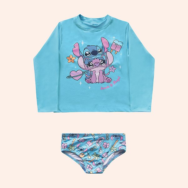 Conjunto Moda Praia Infantil Menina Com Proteção Solar com forro Stitch