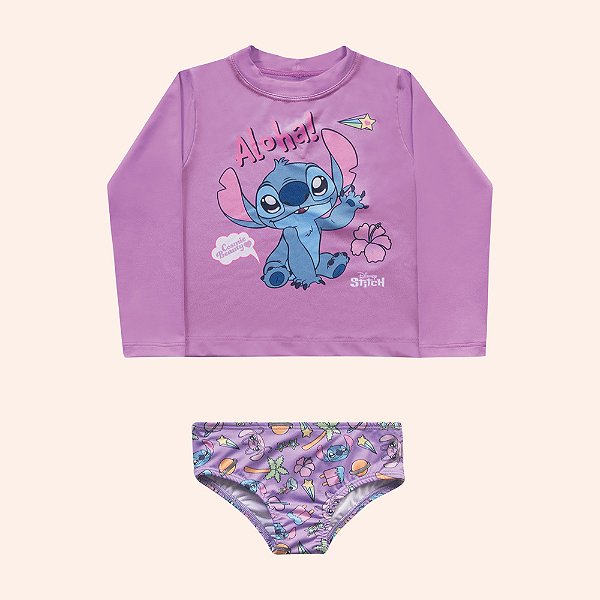 Conjunto Moda Praia Infantil Menina Com Proteção Solar com forro Stitch