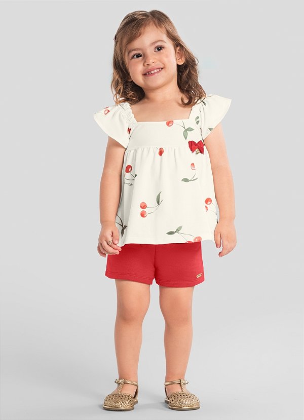 Conjunto Infantil menina Bata e Short Cerejas Mundi