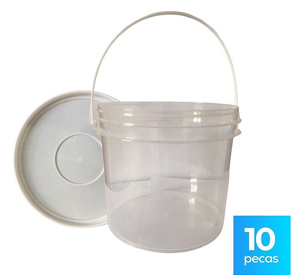 Balde 2.2 Litros Transparente com Tampa Branca Lacre e Alça Plástica - Kit 10 Peças