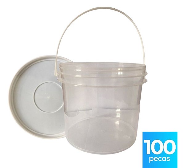 Balde 2.2 Litros Transparente com Tampa Branca Lacre e Alça Plástica Atóxico - Kit 100 Peças