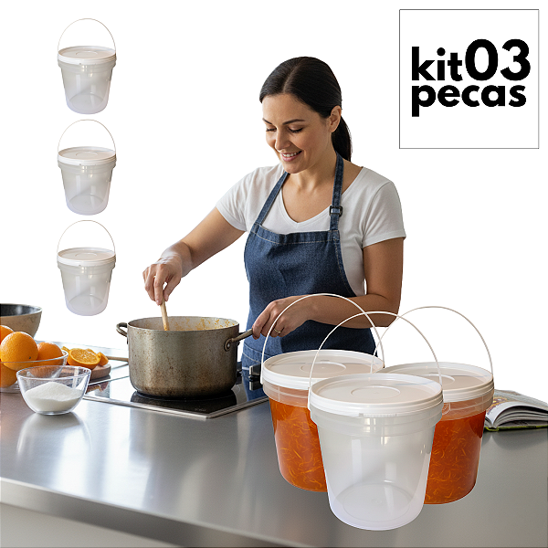 Balde 3.2L Transparente com Tampa Branca - Kit 03 Peças