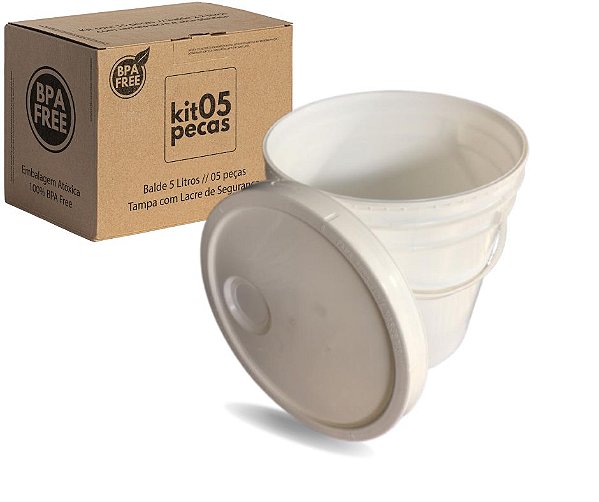 Balde 5 Litros Branco com Tampa Lacre e Alça Plástica Atoxico - Kit 05 Peças