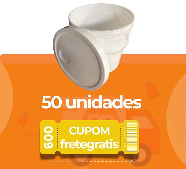 Balde 5 Litros Branco com Tampa Lacre e Alça Plástica Atoxico BPA Free - Kit 50 Peças