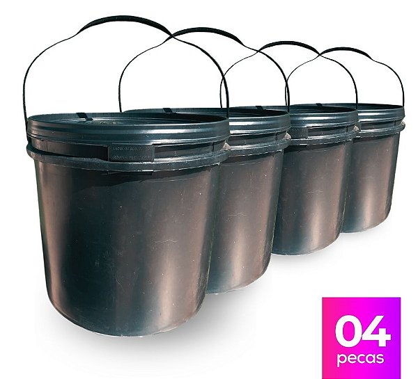 Balde Reciclado Preto com Tampa Lacre e Alça Plástica - Kit 04 Peças