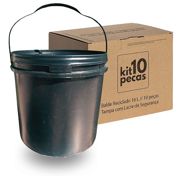 Balde Reciclado Preto com Tampa Lacre e Alça Plástica - Kit 10 Peças