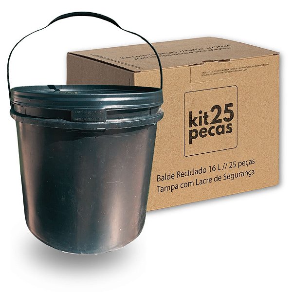 Balde Reciclado Preto com Tampa Lacre e Alça Plástica - Kit 25 Peças