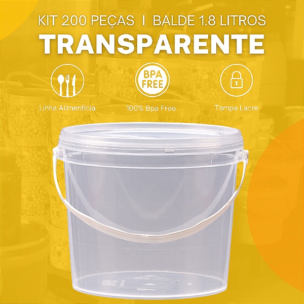 Balde 1.8L Transparente Atoxico com Tampa Lacre BPA FREE - 200 pcs