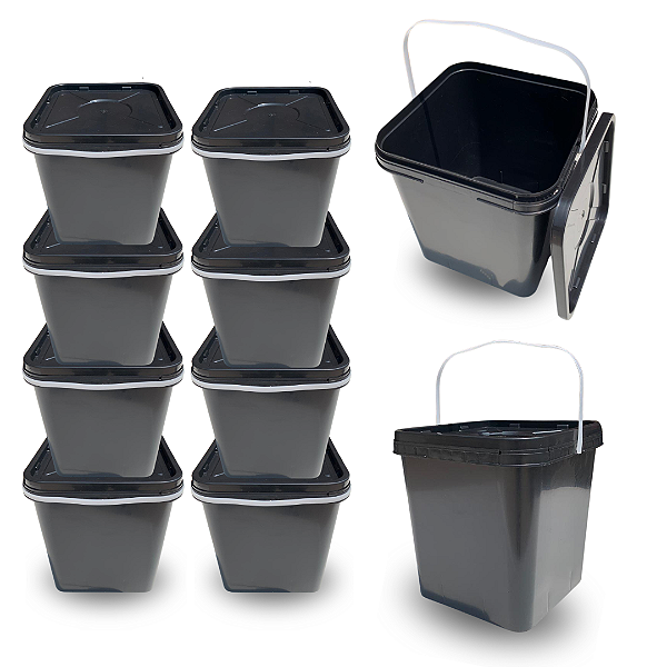Balde Quadrado 16 Litros Preto com Tampa Lacre - Kit 08 Peças