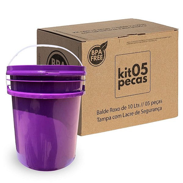Balde Roxo 10L Atóxico com Tampa Lacre BPA FREE - 05 Peças