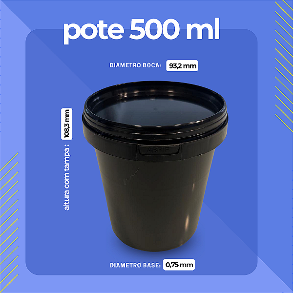 Pote 500ml Preto com Tampa Lacre Atóxico Bpa Free - Kit 05 Peças