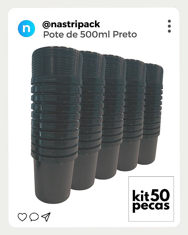 Pote para Alimento com Tampa de 500ml Preto - Kit com 50 Peças