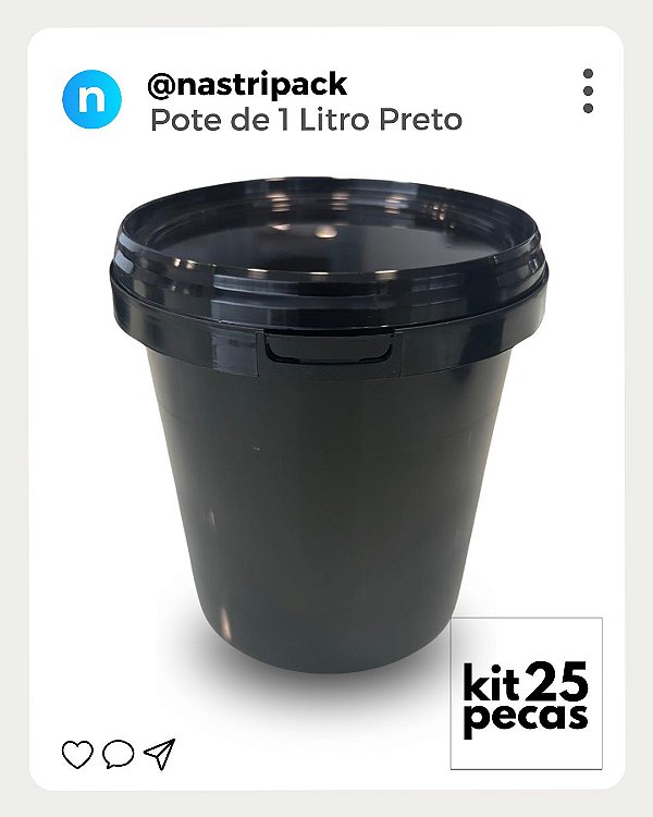 Pote 1 Litro Preto com Tampa Lacre - Kit 25 Peças