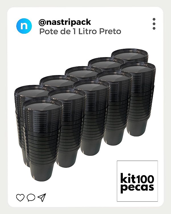 Pote 1 Litro Preto com Tampa Lacre Atóxico BPA FREE - Kit 100 Peças