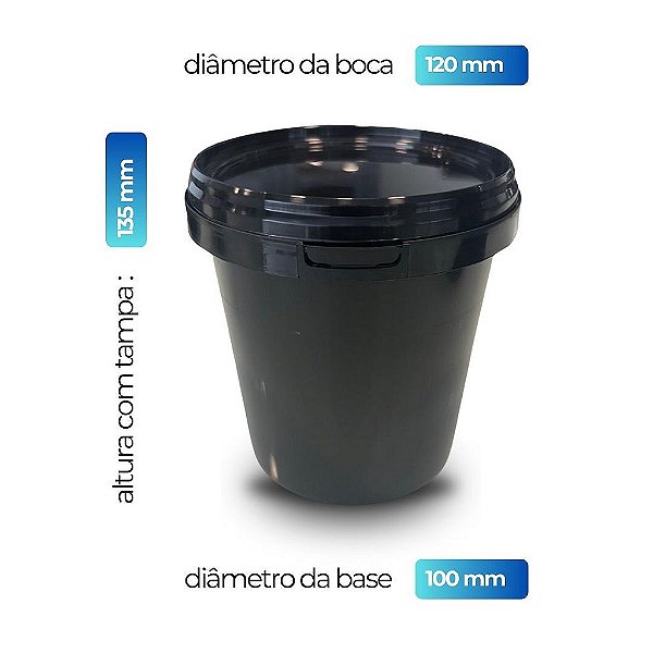 Pote 1 Litro Preto com Tampa Preta - Kit 20 Peças
