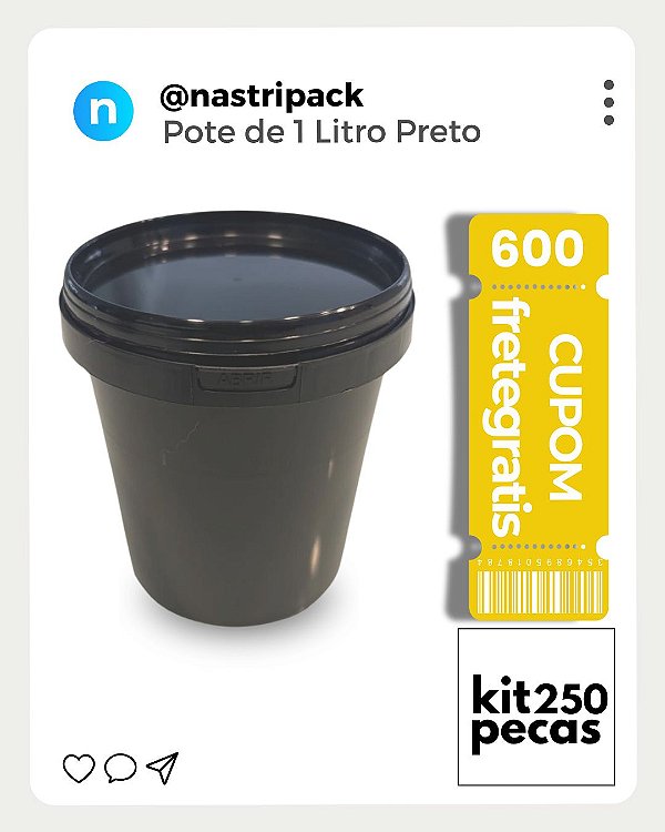 Pote Preto 1 Litro com Tampa Lacre Atóxico BPA FREE - Kit 250 Peças