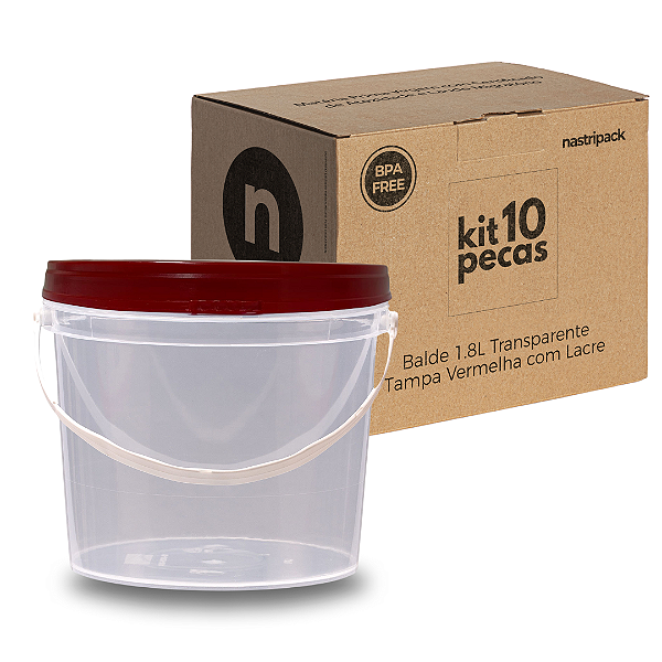 Balde 1.8L Atóxico Transparente com Tampa Vermelha de 1.8L - Kit 10 Peças
