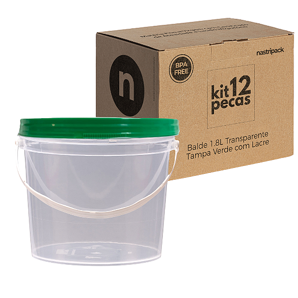 Balde com Tampa Verde 1.8L Tranparente Atóxico - Kit 12 Peças