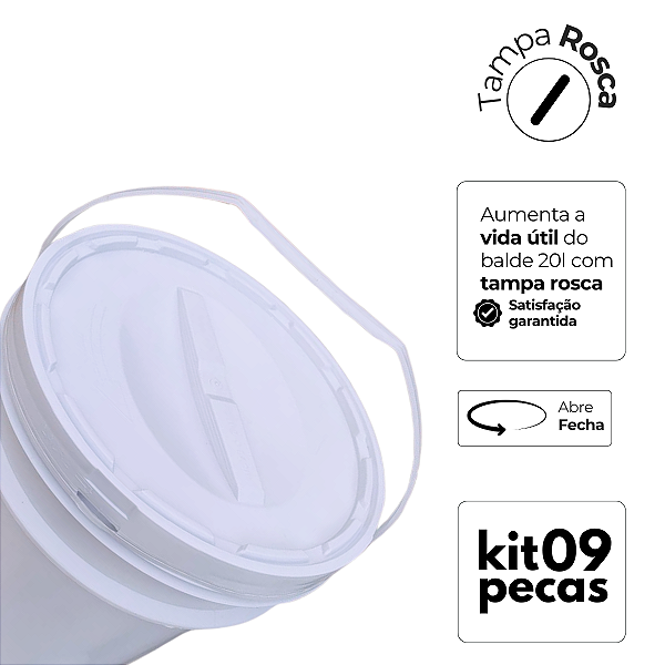 Balde 20 litros com tampa rosca para armazenamento multiuso - Kit 09 Peças