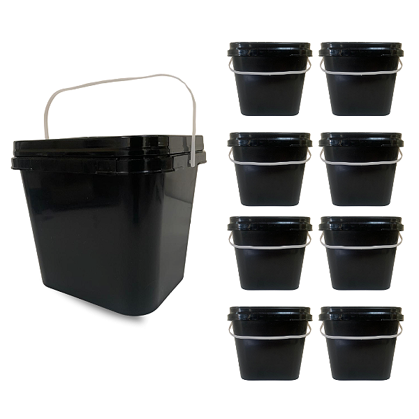 Balde Retangular Preto 3.6L com Tampa Lacre Atóxico BPA FREE - Kit 08 Peças