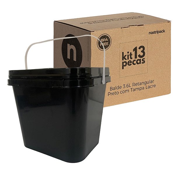 Balde Retangular para Alimentos de 3.6L Preto com Tampa Lacre - Kit 13 Peças