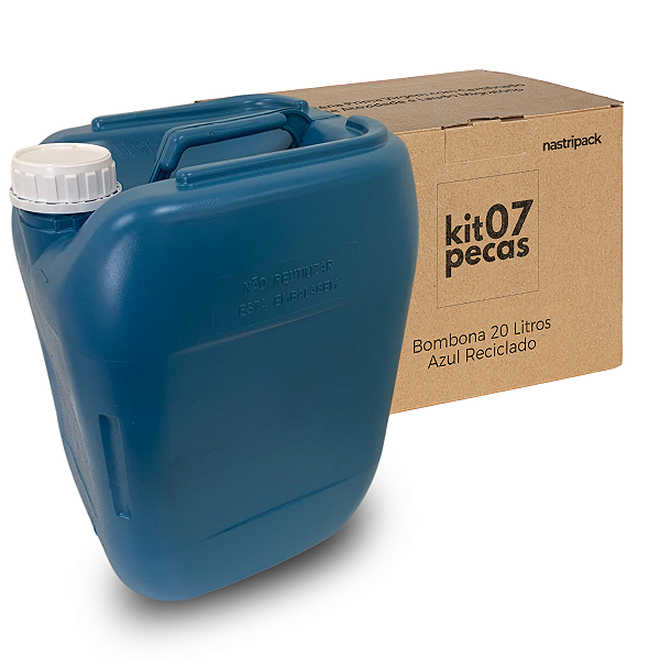 Bombona 20 Litros Reciclado Azul Novo com Tampa de Rosca Lacre e Alça - Kit 07 Peças