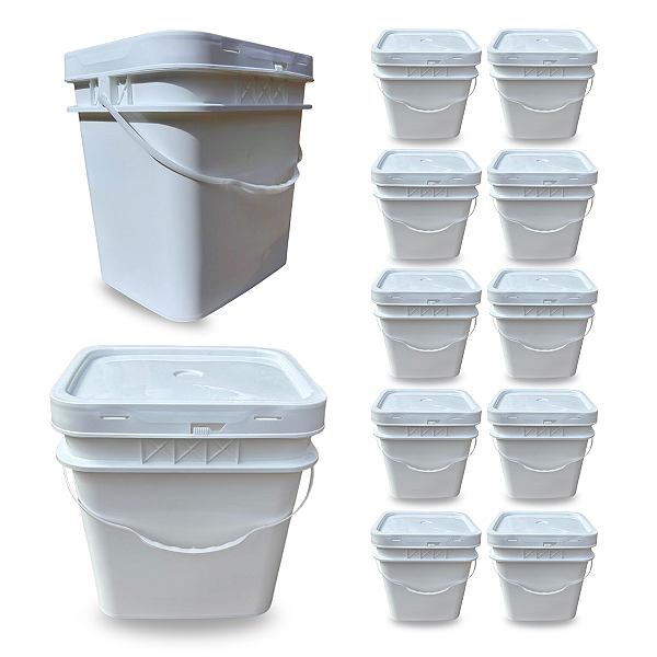 Balde 16 Litros Retangular com Tampa Lacre e Alça Plástica para Alimentos - Kit 10 Peças