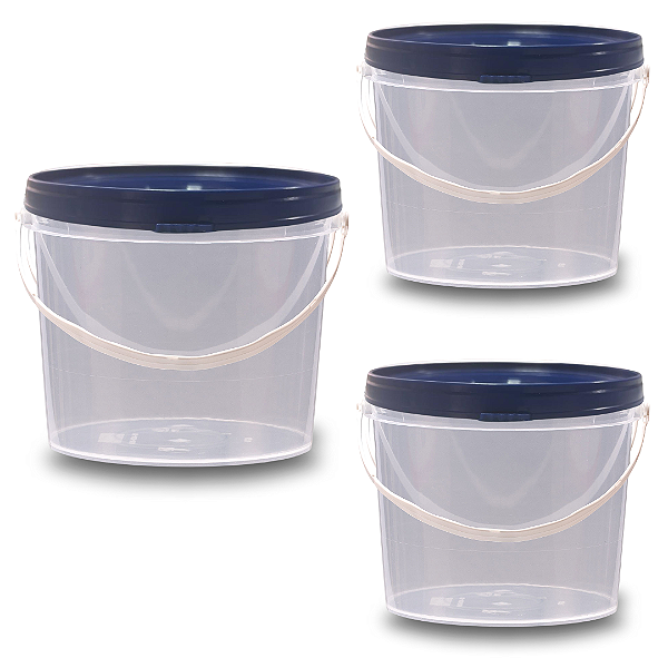 Balde com Tampa Azul 2.2 Litros Transparente para Alimentos - Kit 03 Peças