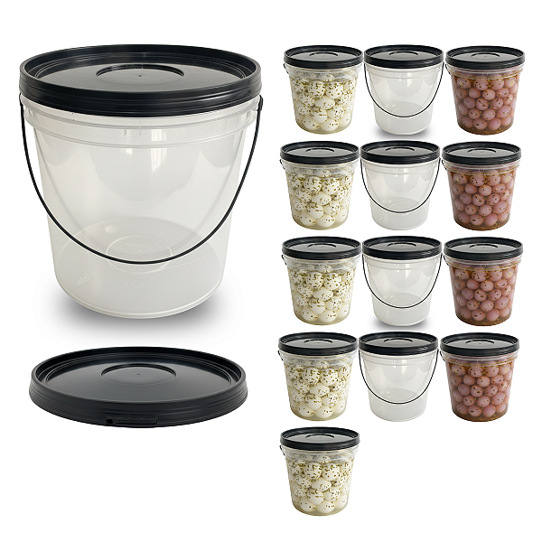 Kit 13 Peças Balde 3,2L Transparente com Tampa Preta e Alça Preta (Nastripack)